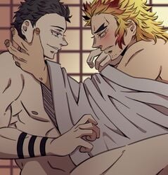 2boys akaza_(kimetsu_no_yaiba) black_hair blonde_hair blush demon_slayer dilf duo gay hakuji kimetsu_no_yaiba looking_at_another male male/male male_only nude rengoku_shinjurou stubble tattoos thick_eyebrows two_tone_hair yaoi