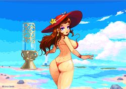 1girls ass big_breasts bikini blue_sky breasts brown_hair detailed_background earrings eyeshadow female female_only hat long_hair looking_at_viewer looking_back mario_(series) nintendo noscium pauline pixel_art red_bikini red_hat sideboob solo solo_female super_mario_odyssey thick_thighs thighs video_games wet