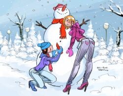 2girls ass au_(artist) blonde_hair boli-blog breasts nipples_visible_through_clothing snow snowing snowman winter