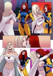 2girls big_breasts blonde_hair comic comic_page emma_frost groping jean_grey kissing marvel marvel_comics orange_hair ramartwork red_hair surprise_kiss white_queen x-men yuri