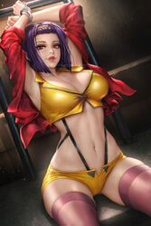 1girls artist_name big_breasts bob_cut bondage breasts cleavage clothed clothed_female clothes clothing cowboy_bebop faye_valentine female female_focus female_only fully_clothed handcuffed handcuffs light-skinned_female light_skin looking_at_viewer midriff navel navel_piercing neoartcore pale-skinned_female pale_skin piercing purple_hair revealing_clothes short_hair smile solo thighhighs watermark