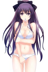 1girls belly belly_button big_breasts black_hair_ornament blush bra bra_in_mouth breasts_together breasts_touching date_a_live hair_ornament hair_ribbon long_hair panties purple_eyes purple_hair ribbon white_bra white_panties white_skin yatogami_tohka