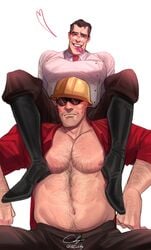 bear blush condom condom_in_mouth doctor_sex egabbacc engineer_(team_fortress_2) engineer_gaming gay hairy hairy_chest hairy_male males_only medic_(team_fortress_2) suggestive sweat team_fortress_2 yaoi