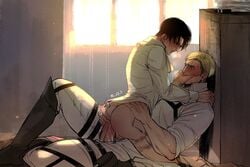 2boys _xp_d anal anal_sex ass ass_grab attack_on_titan black_hair black_hair_bottom blonde_hair blonde_hair_on_black_hair blonde_hair_top boots clothing cowboy_position domination erwin_smith floor gay hand_over_another's_mouth hand_over_mouth harness levi levi_ackerman light_hair_on_dark_hair male male/male male_only male_penetrated male_penetrating male_penetrating_male on_the_floor partially_clothed penis penis_in_ass shingeki_no_kyojin uniform yaoi