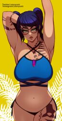 armpits arms_behind_head arms_up big_breasts blue_hair clothing crystal_(fortnite) fortnite glasses looking_at_viewer scuba_crystal_(fortnite) seductive_look storycatt tagme tattoo thick_lips