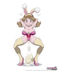 1girls alternate_breast_size armpits arms_up big_breasts blue_eyes blush breasts brown_hair bunny_ears bunnysuit egg egg_laying female high_heels implied_interspecies large_breasts leotard looking_down may_(pokemon) medium_hair nintendo pokemon pokemon_masters pokemon_rse riffsandskulls spring_may_(pokemon_masters) thick_thighs thighhighs thighs white_background