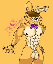 1boy 2021 abs animatronic anthro balls black_nose bow_tie bowtie demantonyx five_nights_at_freddy's flaccid flaccid_penis fluffy fluffy_hair hi_res machine male male_only multicolored_body multicolored_fur multicolored_skin muscles muscular muscular_male nipples penis robot smile smiling solo solo_male spring_bonnie spring_bonnie_(fnaf) standing teeth video_games yellow_background yellow_body yellow_fur yellow_skin