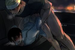 2boys _xp_d anal anal_sex ass_up attack_on_titan backseat bare_thighs black_hair black_hair_bottom blonde_hair blonde_hair_on_black_hair blonde_hair_top blush car doggy_style domination erwin_smith gay headwear inside_car inside_vehicle levi levi_ackerman light_hair_on_dark_hair male male/male male_only male_penetrated male_penetrating male_penetrating_male partially_clothed shingeki_no_kyojin visible_breath yaoi