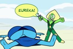 2girls 4_toes 5_fingers animated armpits bare_shoulders big_breasts blue_body blue_skin breast_expansion breasts cleavage female female_only gem_(species) gif green_body green_skin huge_breasts humanoid lapis_lazuli_(steven_universe) large_breasts peridot_(steven_universe) speech_bubble steven_universe superspoe text top_heavy transformation underboob