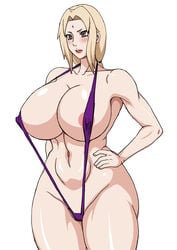 big_ass bikini blonde_hair breasts brown_eyes clothed_female female female_only gilf huge_breasts milf naruho naruto naruto_(series) naruto_shippuden nipples sling_bikini solo tsunade violet_bikini