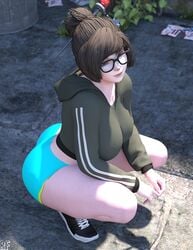 1girls 2020s 2021 3d ass big_ass brown_eyes brown_hair clothed dat_ass female female_only glasses gym_shorts hoodie kneeling large_breasts mei_(overwatch) outside overwatch rude_frog short_shorts shorts smile sneakers solo solo_female squatting thick_thighs tied_hair tight_clothing tight_shorts tomboy two_tone_bottomwear two_tone_footwear two_tone_topwear watermark