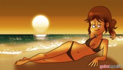 1girls beach belly bikini breasts brown_hair cleavage facing_viewer female female_only fiona_(the_loud_house) full_body gabomon01 half-closed_eyes looking_at_viewer lying navel ocean outdoors panties ponytail romantic sand sky smile solo solo_female solo_focus sun sunset swimsuit swimwear the_loud_house thighs water