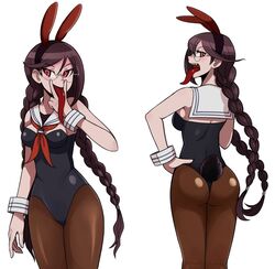 1girls braided_twintails bunny_ears bunny_girl bunny_tail bunnysuit cleavage clothed cunnilingus_gesture danganronpa danganronpa_ultra_despair_girls form_fitting fukawa_touko genocider_shou glasses long_hair long_tongue looking_at_viewer looking_back opeipiao peace_sign purple_hair red_eyes round_butt round_glasses small_breasts smooth_skin solo solo_female tongue tongue_out twintails v_sign white_background