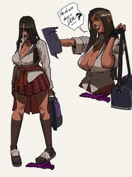 black_hair busty camilla_torres cleavage dark-skinned_female dark_skin female female_focus full_body gyaru hourglass_figure long_hair miniskirt open_shirt piercing school_uniform schoolgirl shadowmist shirt skirt sleeves_rolled_up speech_bubble standing tagme text wide_hips