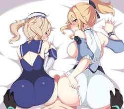 1boy 2girls aether_(genshin_impact) ass ass_grab barbara_(genshin_impact) barbara_(summertime_sparkle)_(genshin_impact) bed belt big_ass blonde_hair blush bracelets bubble_butt clothed_sex dress female genshin_impact gloves hands hands_on_ass hat heat holding holding_ass huge_ass huge_cock imminent_sex incest jean_gunnhildr kumasteam legs long_hair looking_at_partner male multiple_girls muscles nun one-piece_swimsuit pearl_necklace penis_between_ass penis_between_legs ponytail pussy ribbons sisters swimsuit thick_thighs threesome visible_pussy