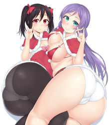 2girls big_butt black_hair black_legwear bottom_heavy christmas christmas_outfit flat_chest flat_chested grinning huge_ass large_breasts looking_at_viewer love_live! love_live!_school_idol_project multiple_girls santa_costume simple_background smiling thick thick_ass thick_thighs thighs toujou_nozomi twintails white_background white_panties wide_hips yazawa_nico yomomirin