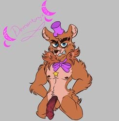 angry anthro balls bear blue_eyes bow_tie bowtie brown_body brown_fur brown_skin demantonyx five_nights_at_freddy's fluffy fluffy_hair freddy_fazbear's_pizzeria_simulator fur gray_background half-closed_eyes headgear headwear hi_res male male_only multicolored_body multicolored_fur multicolored_skin nipples penis rockstar_freddy sharp_teeth simple_background solo solo_male star top_hat video_games