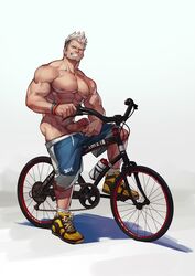 1boy abs ass bara bicycle blue_shorts bracelet clothes_pull erection facial_hair full_body groin ground_vehicle highres human jewelry large_pectorals looking_at_viewer male male_focus male_only male_pubic_hair mature_male muscular muscular_male navel nipple_piercing nipple_rings nipples original partially_clothed pectorals penis piercing precum pubic_hair pulled_by_self selkiro shirtless shoes short_hair shorts shorts_pull sideburns smirk smug sneakers solo stomach stubble uncensored undercut