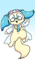 1girls :3 blue_eyes canine dog female glasses jewelpet jewelpet_(species) lab_coat looking_at_viewer no_humans pokehidden pussy sanrio sapphie_(jewelpet) simple_background solo tagme