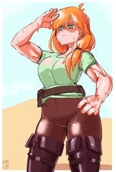 alex_(minecraft) blank_expression boots breasts breasts_visible_through_clothing clothed clothing ginger ginger_hair green_shirt hand_on_hip minecraft orange_hair pants see_through_clothing shirt sweat sweaty void_dot_exe wet_shirt