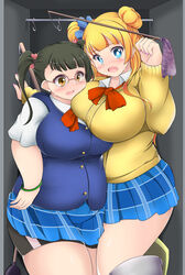 2girls big_breasts blonde_hair chubby female_only galko glasses gyaru kurocaze nikuko_(galko) oshiete!_galko-chan overweight overweight_female school_uniform twintails