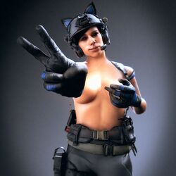 1girls black_hair breasts_grab brown_eyes call_of_duty catgirl flickytuts half-dressed helmet mara_(cod) smile solo_female topless