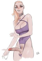 1futa balls big_breasts big_penis blonde_hair breasts cleavage clothed clothing erection futa_only futanari hiddend8 human intersex light-skinned_futa light_skin pale_skin partially_clothed penis precum precum_string pubic_hair shaved_side solo source_request standing