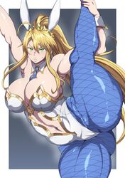 1girls artoria_pendragon artoria_pendragon_(lancer) artoria_pendragon_(swimsuit_ruler) big_breasts blonde_female blonde_hair breasts bunny_ears bunnysuit fate/grand_order fate_(series) female large_breasts leg_hold leg_up leotard long_hair oryuto standing_on_one_leg voluptuous wide_hips