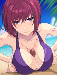 abu bikini bikini_top blush breasts censored large_breasts looking_at_viewer nel_zelpher paizuri penis purple_bikini purple_eyes red_hair star_ocean star_ocean_3 sweat swimsuit tagme titfuck