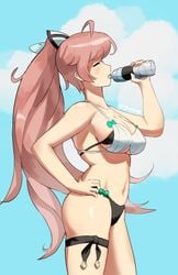 1girls bikini blush closed_eyes day dragalia_lost drinking female female_only hair_ornament hand_on_hip long_hair louise_(dragalia_lost) nintendo outside pink_hair sky solo spiffydc twitter_username