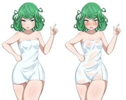 1girls blush eye_contact female green_eyes green_hair kuchiparubi looking_at_viewer nipples one-punch_man short_hair solo standing tatsumaki thick_thighs towel wet_towel white_background