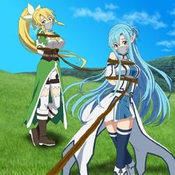 2girls arms_behind_back blonde_hair blue_eyes blue_hair bondage boots bound_together breast_bondage character coffle female femsub fully_clothed gag kirigaya_suguha leafa long_hair looking_at_viewer multiple_girls multiple_subs over_the_nose_gag rope sword_art_online sword_art_online:_fairy_dance very_long_hair walking yuuki_asuna