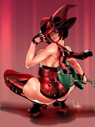 1girls arc_system_works beauty_mark black_hair bob_cut bowalia clothing guilty_gear guitar hat heterochromia holding_object i-no jacket jacket_on_shoulders looking_at_viewer looking_back pinup red_background short_hair simple_background smile solo solo_focus source_request squatting topless witch_hat