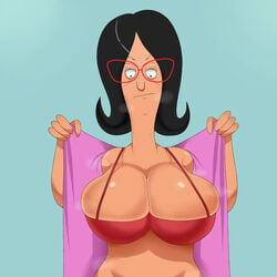 1girls alternate_breast_size black_hair bob's_burgers bra cleavage elviss front_view glasses huge_breasts light-skinned_female light_skin linda_belcher looking_down milf mother removing_shirt upper_body