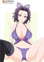 alternate_costume big_breasts butterfly_hair_ornament cleavage demon_slayer female female_only kimetsu_no_yaiba kochou_shinobu lingerie looking_at_viewer negligee noboru_revista one_sock panties purple_eyes purple_hair purple_underwear solo spread_legs thighhighs underwear