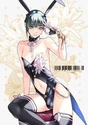 1boy 2021 atlus ban bare_shoulders belly black_legwear blue_eyes bulge bunny_boy bunny_ears bunnysuit crossdressing cutout eyebrows_visible_through_hair eyelashes femboy girly gloves green_hair hi_res legwear leotard looking_at_viewer male male_focus male_only navel navel_cutout protagonist_(shin_megami_tensei_v) shin_megami_tensei shin_megami_tensei_v simple_background sitting solo trap