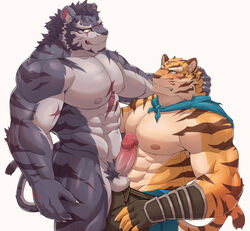 2boys :q abs absurdres animal_ears bara blue_cape blush cape completely_nude erection forked_eyebrows furry furry_male furry_with_furry grey_fur highres large_pectorals male_focus male_pubic_hair mature_male multiple_boys muscular muscular_male navel navel_hair nipples nude orange_fur pang_(sdorica) pectorals penis precum pubic_hair scar scar_on_chest sdorica shirtless short_hair smile stomach tail thick_eyebrows thick_thighs thighs tiger_boy tiger_ears tiger_tail tongue tongue_out uiokv uncensored yao_(sdorica) yaoi