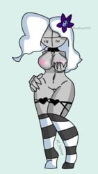 ad_banner blush_lines boobs bottomless bottomless_female breasts cel_shading collar faceless faceless_female female floating_hands flower_in_hair full_body garter grey_skin groping_breast grunt_(madness_combat) hand_on_hip holding_breast knee_high_socks knee_highs kneehighs long_hair madness_combat mostly_nude oc original_character pink_areola pink_nipples plain_background pussy signature socks solo solo_female striped_socks tiptoes topless topless_female vagina watermark white_hair