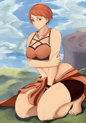 1girls alternate_ass_size alternate_breast_size ass big_ass big_breasts breasts cleavage fire_emblem fire_emblem:_three_houses fire_emblem_heroes kneeling large_breasts leonie_pinelli leonie_pinelli_(summer) nintendo orange_bikini orange_eyes orange_hair orange_swimsuit short_hair sleesart smile solo straight thick_thighs very_short_hair