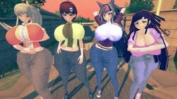 3d 4girls alternate_breast_size ass bottom_heavy breasts clothed danganronpa female female_only hair_ornament huge_ass huge_breasts human jeans koizumi_mahiru long_hair mioda_ibuki multiple_girls packed_mushrooms ponytail saionji_hiyoko short_hair straight_hair sunset thick_thighs tsumiki_mikan