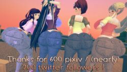 3d 4girls alternate_breast_size ass bottom_heavy breasts danganronpa female female_only hair_ornament huge_ass huge_breasts human jeans koizumi_mahiru long_hair mioda_ibuki multiple_girls packed_mushrooms ponytail saionji_hiyoko short_hair smooth_skin sunset thick_thighs tsumiki_mikan