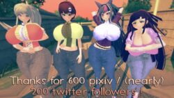 3d 4girls alternate_breast_size ass bottom_heavy breasts clothed danganronpa female female_only hair_ornament huge_ass huge_breasts human jeans koizumi_mahiru long_hair mioda_ibuki multiple_girls packed_mushrooms ponytail saionji_hiyoko short_hair smooth_skin sunset thick_thighs tsumiki_mikan