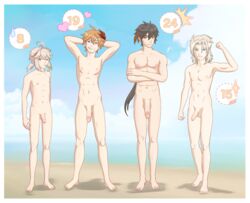 4boys albedo_(genshin_impact) beach blonde_hair childe_(genshin_impact) comparing_muscles comparing_penis dark_hair foreskin genshin_impact ginger glans kaedehara_kazuha male male_only nipples pale_skin penis penis_out penis_size_difference red_eyes seaside size_difference tartaglia_(genshin_impact) white_hair zhongli_(genshin_impact)