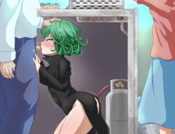 1boy 2girls blowjob blush censored clothed_female clothed_sex dominant_female fellatio female green_hair half-closed_eyes hand_on_head kneeling kuchiparubi mosaic_censoring one-punch_man oral penis short_hair standing stealth_fellatio stealth_sex tatsumaki thick_thighs thighs under_the_table