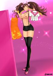 atlus black_legwear blush breasts brown_eyes brown_hair changing_clothes female female_focus female_only hair_ribbon kaos_art kujikawa_rise looking_to_the_side nipples persona persona_4 persona_4_the_golden pink_background suspension thighhighs topless twintails