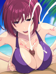 abu bikini bikini_top blush breasts censored cum ejaculation large_breasts looking_at_viewer nel_zelpher paizuri penis purple_bikini purple_eyes red_hair star_ocean star_ocean_3 sweat swimsuit tagme titfuck