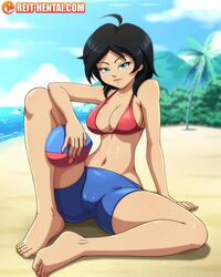 1girls ahoge barefoot beach bikini bikini_shorts bikini_top black_hair blue_eyes breasts cameltoe cap cleavage dark_hair female female_only hat large_breasts looking_at_viewer medium_hair navel oc original original_character reit scar swimsuit watermark