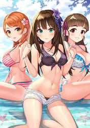 3girls bangs bare_shoulders bikini bikini_under_clothes blunt_bangs bow bracelet breasts brown_eyes cleavage closed_mouth cloud cloudy_sky collarbone commentary_request day earrings eyebrows_visible_through_hair flower front-tie_bikini front-tie_top green_eyes hair_flower hair_ornament hair_ribbon hamahama hand_holding hands_up hhama highres houjou_karen idolmaster idolmaster_cinderella_girls interlocked_fingers jewelry kamiya_nao large_breasts long_hair looking_at_viewer medium_breasts medium_hair multiple_girls navel ocean open_mouth orange_hair outdoors parted_bangs polka_dot polka_dot_bikini purple_ribbon red_eyes ribbon shibuya_rin short_shorts shorts sitting sky smile starfish striped striped_bikini swimsuit tareme thighs triad_primus unzipped water white_bow white_shorts yellow_eyes