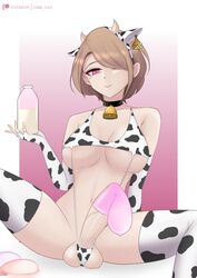 1futa big_balls big_breasts big_penis bikini brown_hair condom condom_on_penis cow_print cow_print_lingerie cum filled_condom furry futa_only futanari gibb_san honkai_impact honkai_impact_3rd milf milk pink_eyes rita_rossweisse solo solo_futa