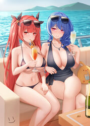 2girls azur_lane big_breasts bikini blue_hair bracelet breasts champagne cocktail cocktail_glass crossed_legs drink female female_only honolulu_(azur_lane) large_breasts long_hair manjuu_(azur_lane) navel necklace ocean one-piece_swimsuit purple_hair red_eyes red_hair side_ponytail sitting st._louis_(azur_lane) summer sunglasses_on_head swimsuit thighs twintails very_long_hair water wei_xiao yacht